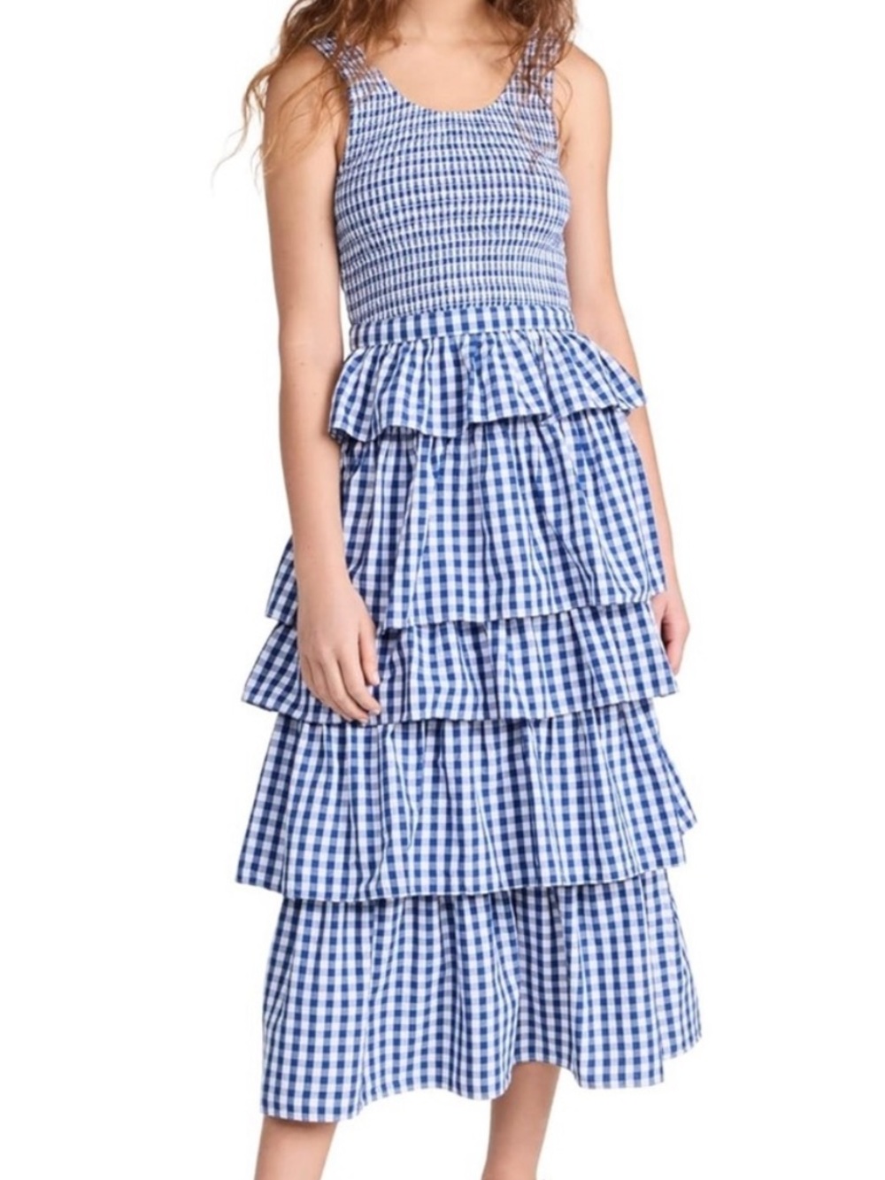 RHODE Blue and White Gingham Tiered Maxi Skirt